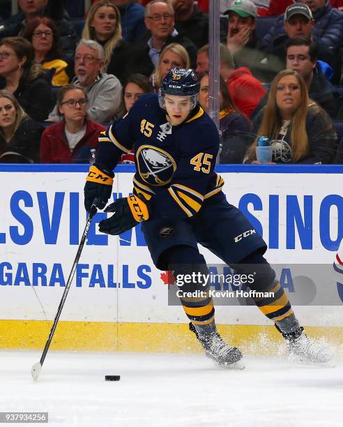 Brendan Guhle of the Buffalo Sabres during the game against the Montreal Canadiens at KeyBank Center on March 23, 2018 in Buffalo, New York. Brendan...