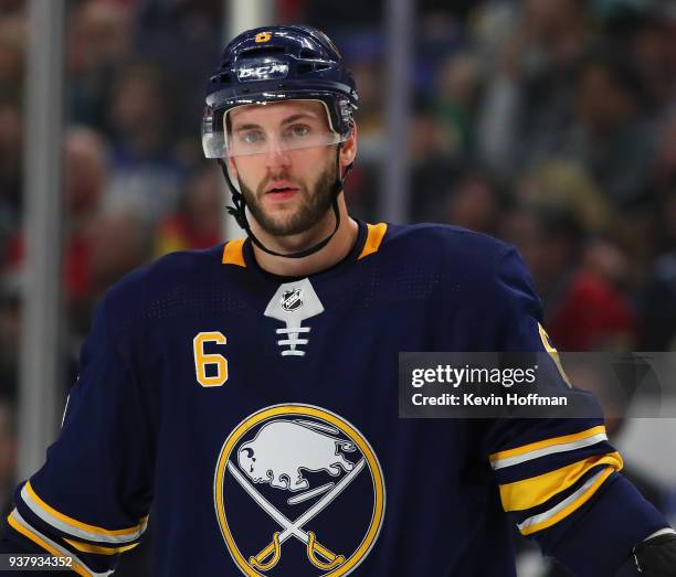 Marco Scandella of the Buffalo Sabres during the game against the Montreal Canadiens at KeyBank Center on March 23, 2018 in Buffalo, New York. Marco...