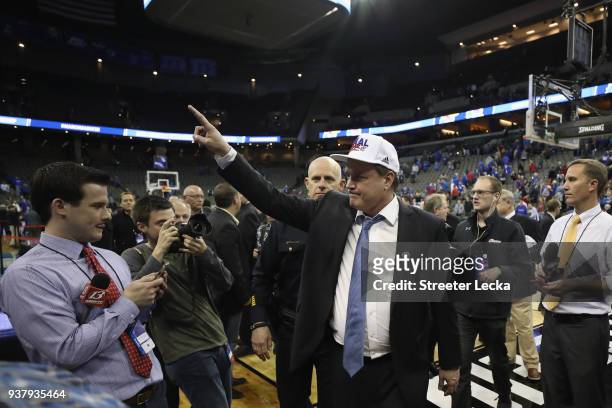 Head coach Bill Self of the Kansas Jayhawks celebrates after defeating the Duke Blue Devils with a score of 81 to 85 in the 2018 NCAA Men's...