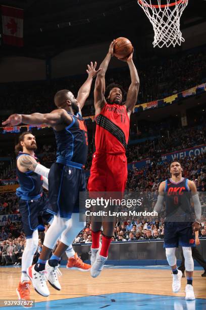 Ed Davis of the Portland Trail Blazers handles the ball against the Oklahoma City Thunder on March 25, 2018 at Chesapeake Energy Arena in Oklahoma...