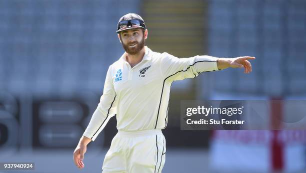 New Zealand captain Kane Williamson directs his field during day five of the First Test Match between the New Zealand Black Caps and England at Eden...