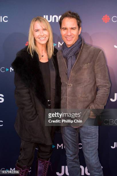 Janet Holden and Eric McCormack attend the red carpet arrival at the 2018 Juno Awards at Rogers Arena on March 25, 2018 in Vancouver, Canada.