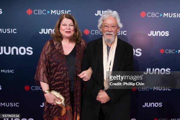Tara Elisabeth Culls and Dr David Suzuki attend the red carpet arrivals at the 2018 Juno Awards at Rogers Arena on March 25, 2018 in Vancouver,...