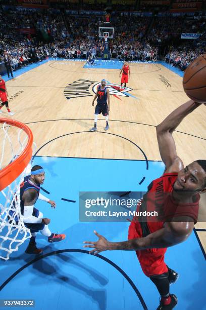 Maurice Harkless of the Portland Trail Blazers drives to the basket against the Oklahoma City Thunder on March 25, 2018 at Chesapeake Energy Arena in...