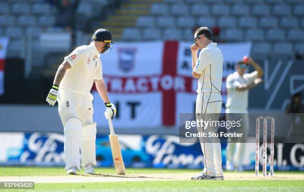 New Zealand bowler Todd Astle reacts after fielder Trent Boult had dropped a catch during day five of the First Test Match between the New Zealand...