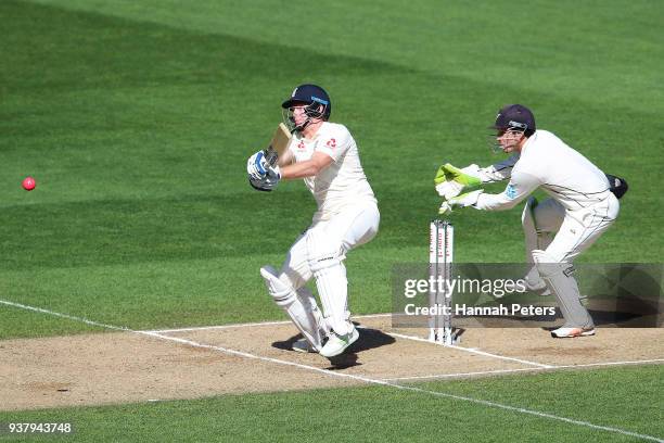 Jonny Bairstow of England plays the ball away to be caught by Kane Williamson of the Black Caps during day five of the First Test match between New...