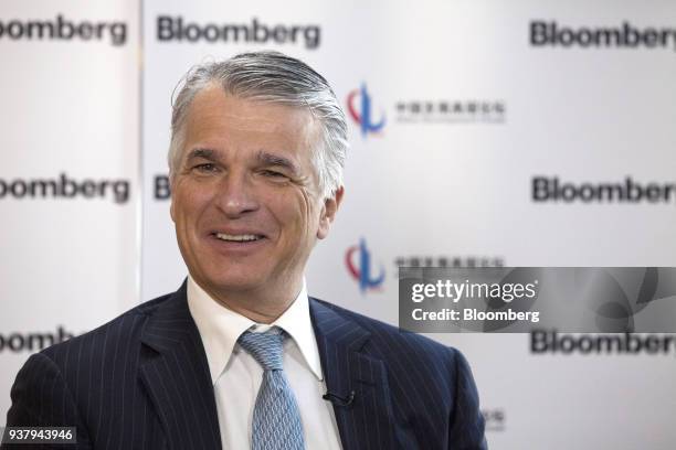 Sergio Ermotti, chief executive officer of UBS Group AG, speaks during a Bloomberg Television interview on the sidelines of the China Development...