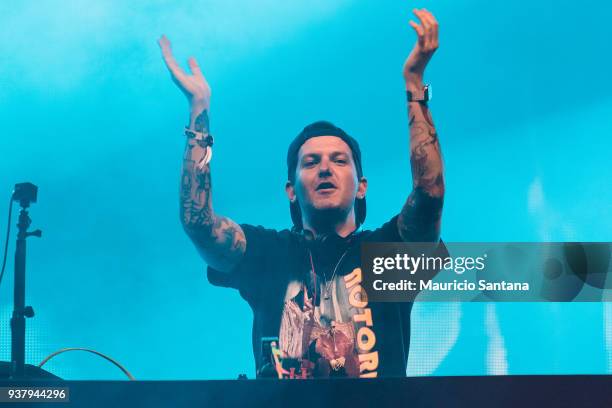 The DJ Dillon Francis performs live on stage during the third day of Lollapalooza Brazil Festival at Interlagos Racetrack on March 25, 2018 in Sao...