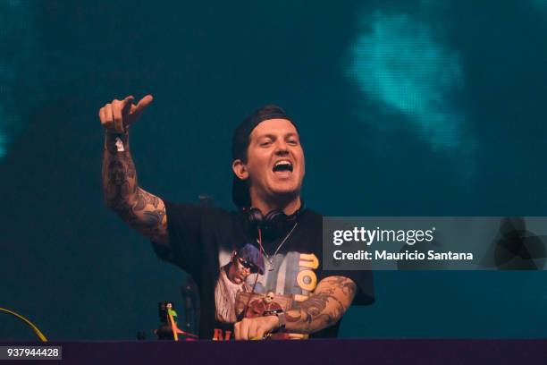 The DJ Dillon Francis performs live on stage during the third day of Lollapalooza Brazil Festival at Interlagos Racetrack on March 25, 2018 in Sao...