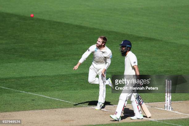 Kane Williamson of the Black Caps bowls during day five of the First Test match between New Zealand and England at Eden Park on March 26, 2018 in...