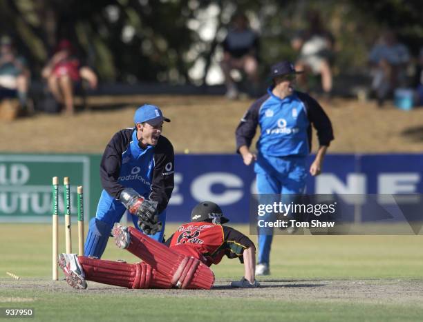 Jamie Foster of England celebrates stumping Grant Flower of Zimbabwe during the Zimbabwe v England 4th One Day International at the Queens Sports...