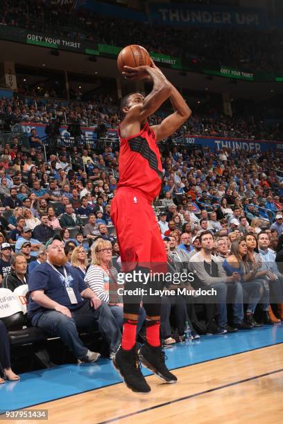 Maurice Harkless of the Portland Trail Blazers shoots the ball against the Oklahoma City Thunder on March 25, 2018 at Chesapeake Energy Arena in...