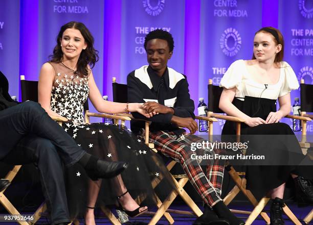 Millie Bobby Brown, Caleb McLaughlin and Sadie Sink speak onstage at The Paley Center for Media's 35th Annual PaleyFest Los Angeles - "Stranger...