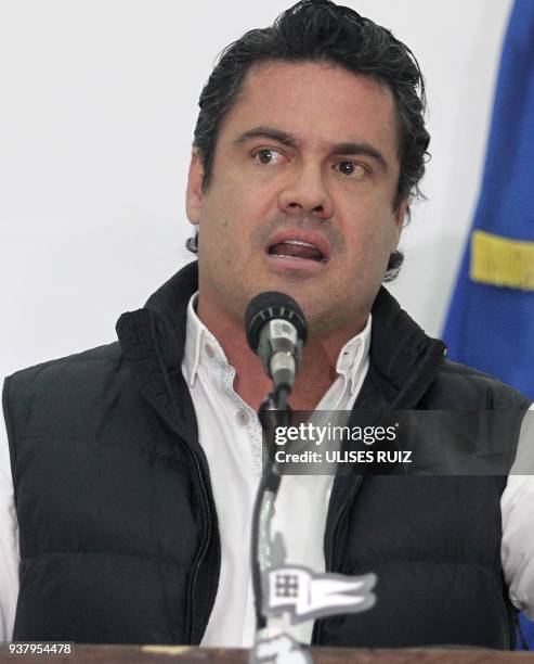 The Governor of Jalisco State, Jorge Aristoteles Sandoval, speaks during a press conference announcing that a medical student was found dead on March...