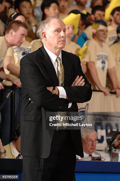 Jim Larranaga, head of the George Mason Patriots, looks on during a college basketball game against the George Washington Colonials on December 3,...