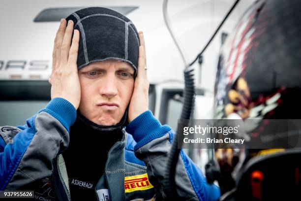 Lawson Aschenbach prepares to drive before the GTS race during the Pirelli World Challenge Grand Prix of Texas at Circuit of The Americas on March...
