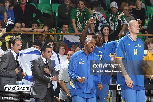 Derrick Sharp, #6 of Maccabi Electra, Stephane Lasme, #12 of Maccabi Electra and Maciej Lampe, #14 of Maccabi Electra during the Euroleague...