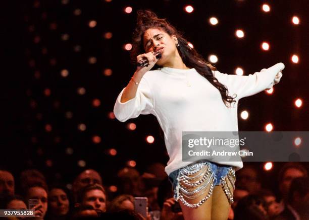 Canadian singer-songwriter Jessie Reyez performs on stage during the 2018 JUNO Awards at Rogers Arena on March 25, 2018 in Vancouver, Canada.