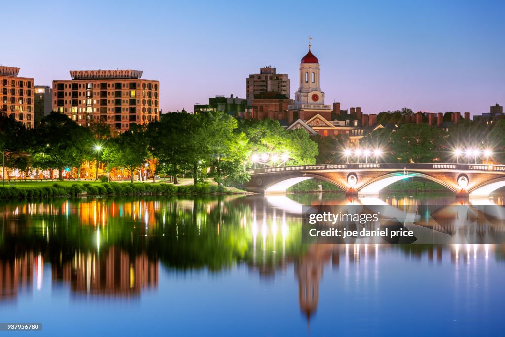 Blue Hour, John W. Weeks Bridge, Dunster House, Havard University, Cambridge, Boston, Massachusetts, America