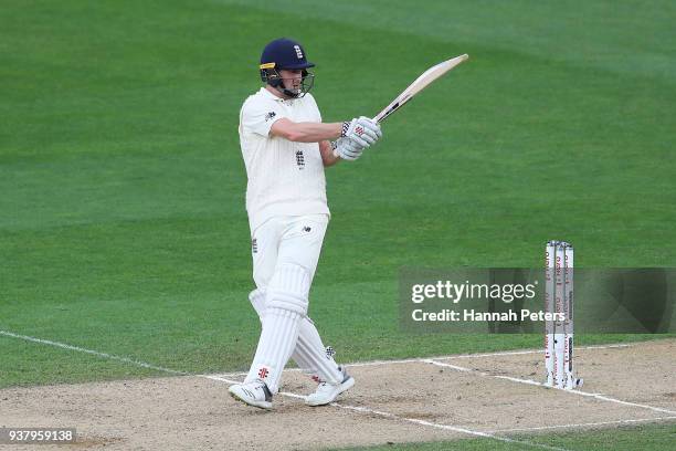 Chris Woakes of England misses the ball during day five of the First Test match between New Zealand and England at Eden Park on March 26, 2018 in...