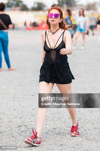 Festival style of a music fan during the third day of Lollapalooza Brazil Festival at Interlagos Racetrack on March 25, 2018 in Sao Paulo, Brazil.