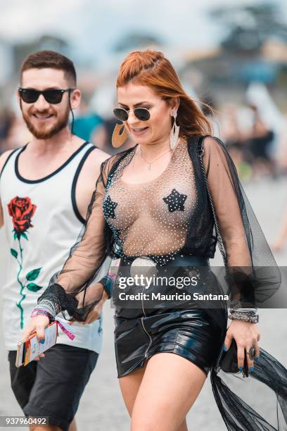 Festival style of a music fan during the third day of Lollapalooza Brazil Festival at Interlagos Racetrack on March 25, 2018 in Sao Paulo, Brazil.