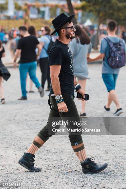 Festival style of a music fan during the third day of Lollapalooza Brazil Festival at Interlagos Racetrack on March 25, 2018 in Sao Paulo, Brazil.