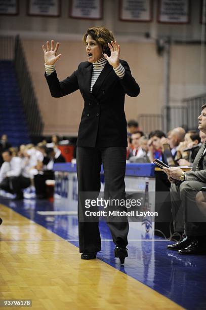 Sharon Baldwin-Tener, head of the East Caroina Pirates, looks on during a college women's basketball game against the American Eagles on November 22,...