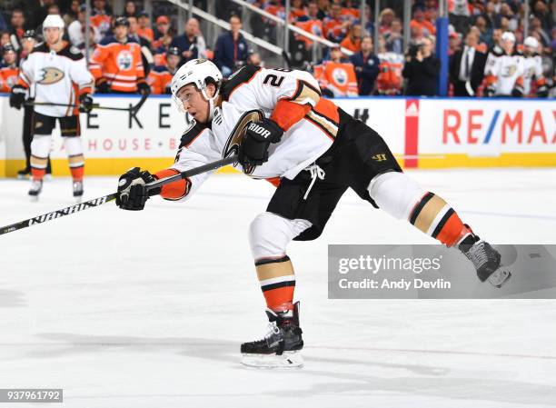 Brandon Montour of the Anaheim Ducks shoots the puck during the game against the Edmonton Oilers on March 25, 2018 at Rogers Place in Edmonton,...