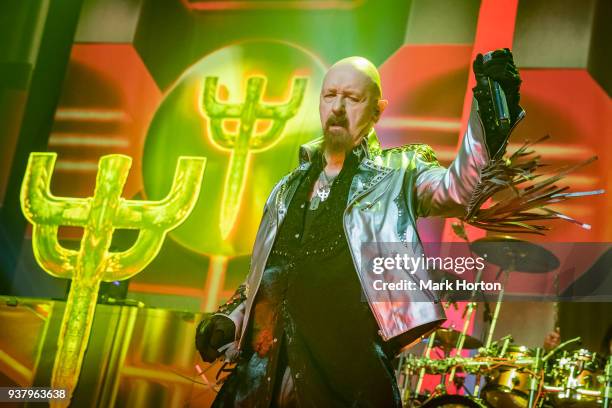 Rob Halford of Judas Priest performs at The Arena at TD Place on March 25, 2018 in Ottawa, Canada.