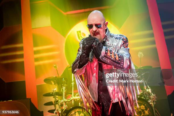 Rob Halford of Judas Priest performs at The Arena at TD Place on March 25, 2018 in Ottawa, Canada.