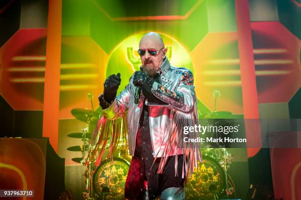 Rob Halford of Judas Priest performs at The Arena at TD Place on March 25, 2018 in Ottawa, Canada.