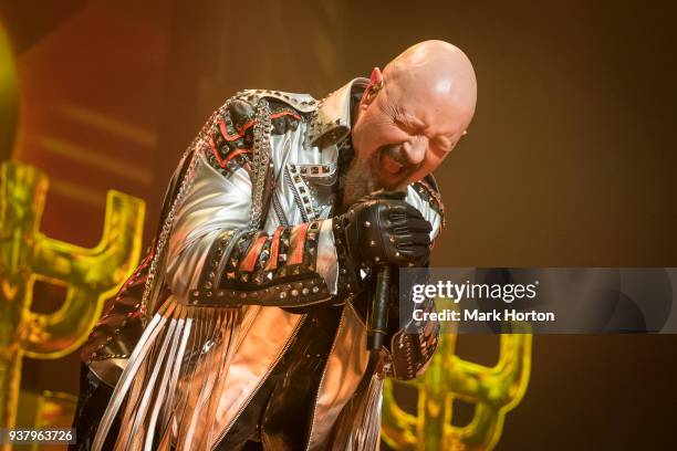 Rob Halford of Judas Priest performs at The Arena at TD Place on March 25, 2018 in Ottawa, Canada.