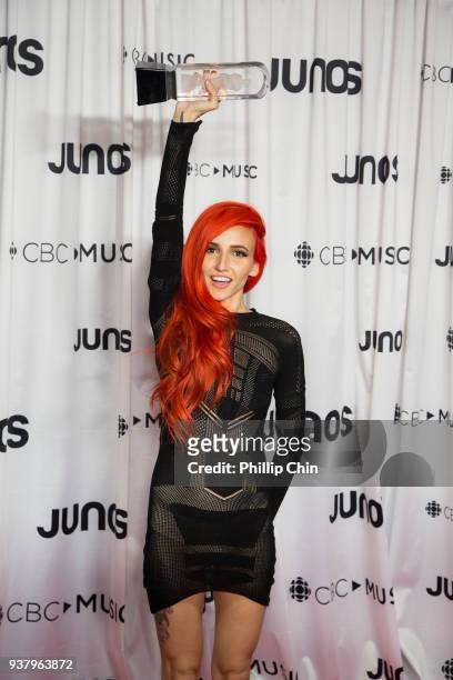 Juno Awards winner Lights attends the press conference room at the 2018 Juno Awards at Rogers Arena on March 25, 2018 in Vancouver, Canada.