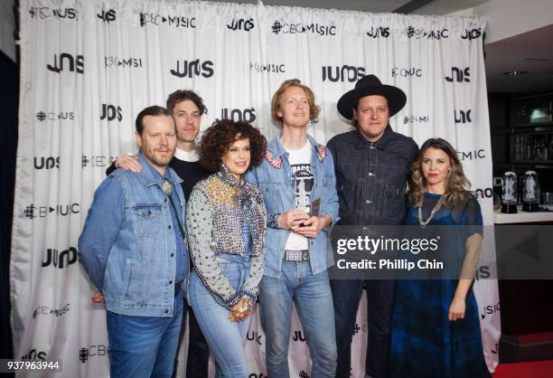 Juno Awards winners Tim Kingsbury, Jeremy Gara, Regine Chassagne, Richard Reed Parry and Win Butler of Arcade Fire attend the press conference room...