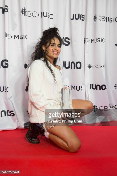 Juno Awards winner Jessie Reyez attends the press conference room at the 2018 Juno Awards at Rogers Arena on March 25, 2018 in Vancouver, Canada.