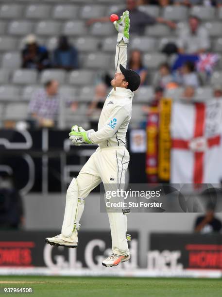 New Zealand wicketkeeper BJ Watling in action during day five of the First Test Match between the New Zealand Black Caps and England at Eden Park on...