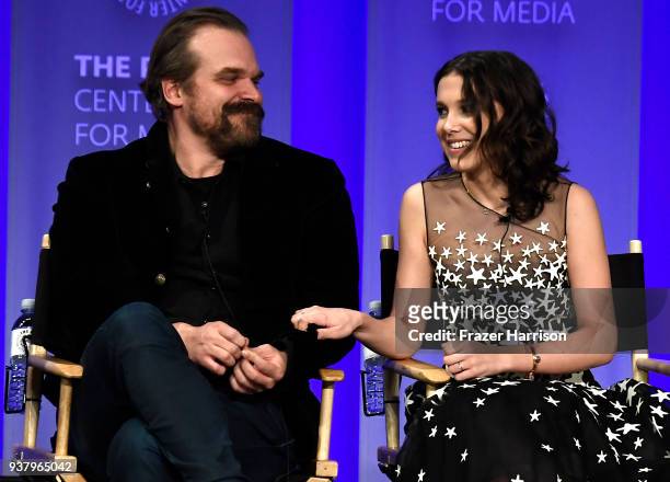 David Harbour and Millie Bobby Brown speak onstage at The Paley Center For Media's 35th Annual PaleyFest Los Angeles - "Stranger Things" at Dolby...
