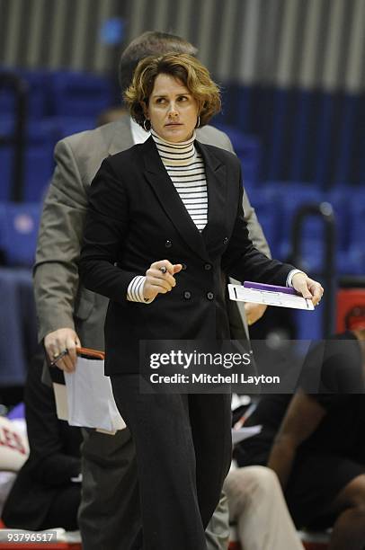 Sharon Baldwin-Tener, head of the East Caroina Pirates, looks on during a college women's basketball game against the American Eagles on November 22,...