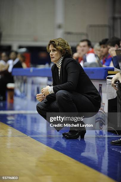 Sharon Baldwin-Tener, head of the East Caroina Pirates, looks on during a college women's basketball game against the American Eagles on November 22,...