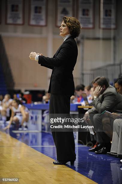 Sharon Baldwin-Tener, head of the East Caroina Pirates, looks on during a college women's basketball game against the American Eagles on November 22,...