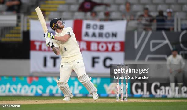 England batsman Ben Stokes reacts after being caught off the bowling of Neil Wagner for 66 runs during day five of the First Test Match between the...