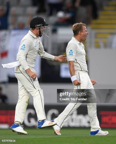 New Zealand bowler Neil Wagner celebrates after dismissing Ben Stokes during day five of the First Test Match between the New Zealand Black Caps and...