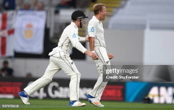 New Zealand bowler Neil Wagner celebrates after dismissing Ben Stokes during day five of the First Test Match between the New Zealand Black Caps and...