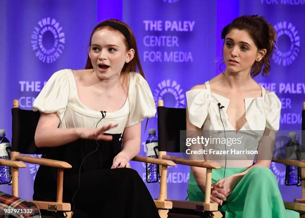 Sadie Sink and Natalia Dyer speak onstage at The Paley Center for Media's 35th Annual PaleyFest Los Angeles - "Stranger Things" at Dolby Theatre on...