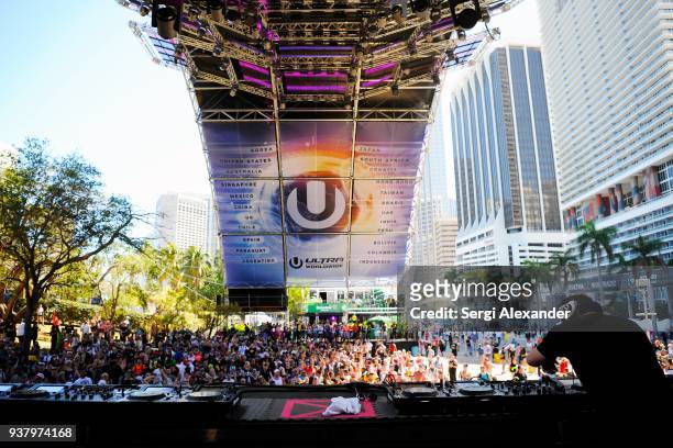 Crystal Method performs on stage at Ultra Music Festival at Bayfront Park on March 25, 2018 in Miami, Florida.