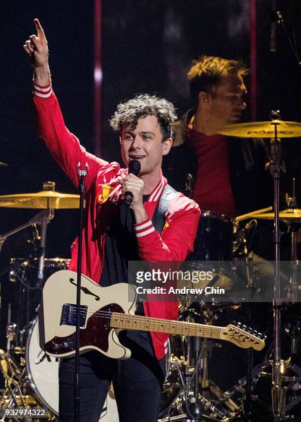 Max Kerman of Arkells performs on stage during the 2018 JUNO Awards at Rogers Arena on March 25, 2018 in Vancouver, Canada.