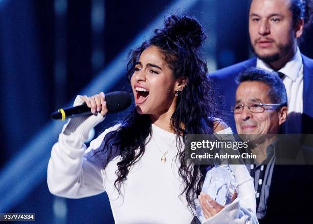 Canadian singer-songwriter Jessie Reyez receives the award during the 2018 JUNO Awards at Rogers Arena on March 25, 2018 in Vancouver, Canada.