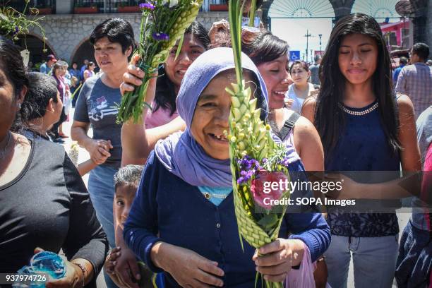 An old woman seen holding palm leaf during the celebration of the Mass on Palm Sunday at Iglesia de Los Remedios. Palm Sunday is a Christian feast...