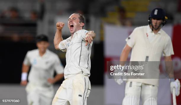 New Zealand bowler Todd Astle celebrates after dismissing Craig Overton during day five of the First Test Match between the New Zealand Black Caps...